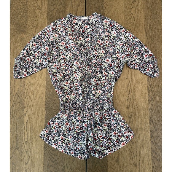 Poupette St Barth Navy Floral Romper Women’s S Frayed Hem Half Sleeve V Neck - Picture 1 of 13